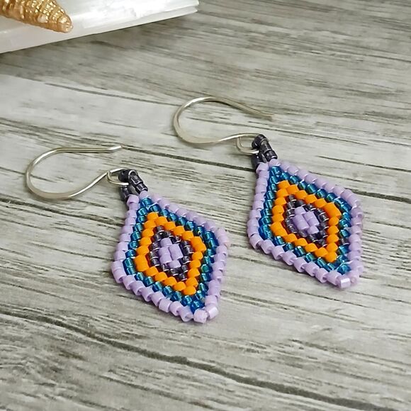 Boho Chic Beaded Dangle Earrings, Seed Bead Jewelry, Geometric, 2" - Picture 3 of 4